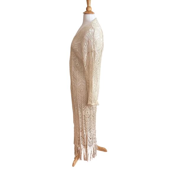 anna-kaci Ivory / Cream Long Open Knit Cardigan, Bell Sleeved, Fringe, Size S - Picture 3 of 11